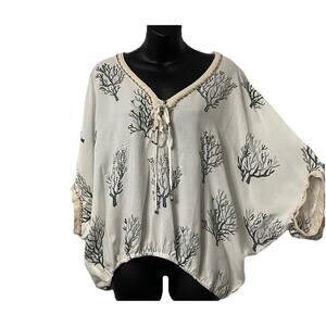 Skemo Women Med Beaded Short Sleeves Pullover Top White Black Branch BohoCore